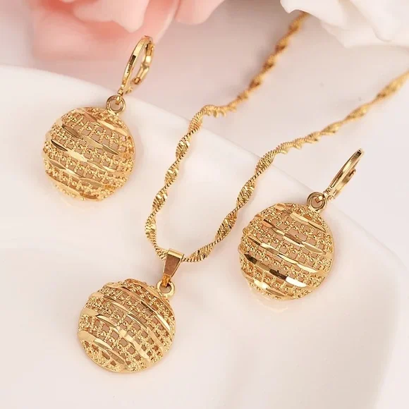 Jewelry 24k Gold Dubai India Africa Round Hollow Jewelry Set